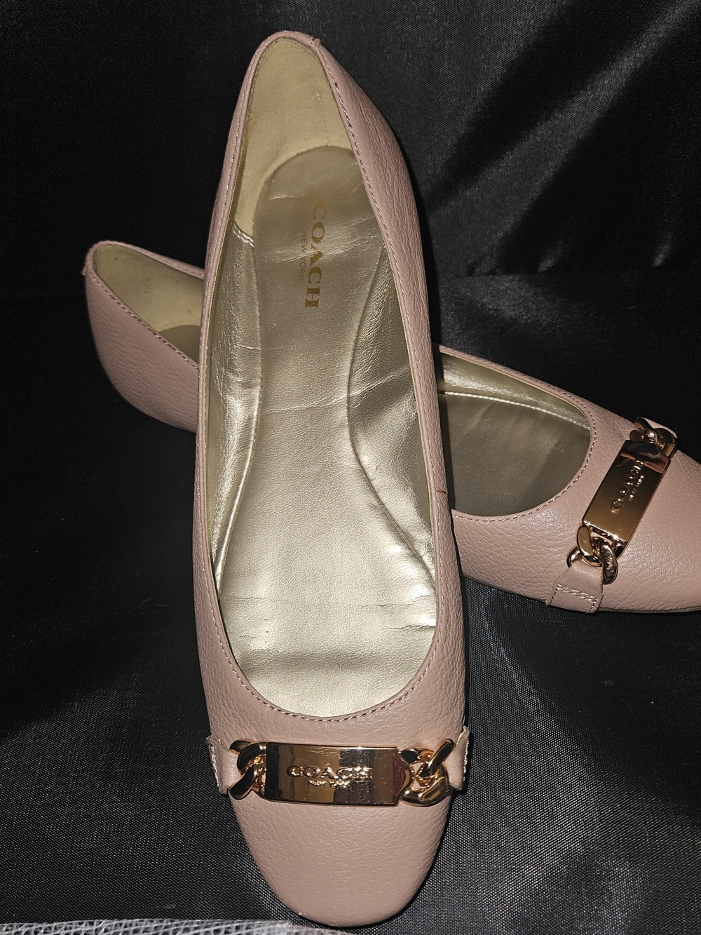 Coach Blush Pink Leather Ballet Flats with Gold Plate Accent